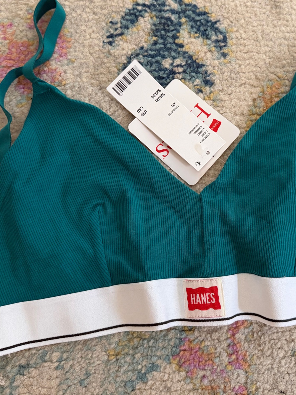 Hanes Teal Ribbed Wireless Bralette with White Band